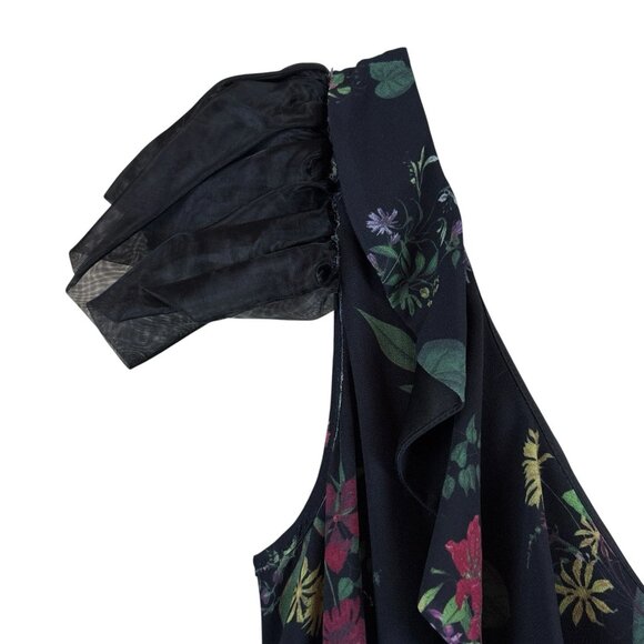 AMUR $598 Floral Peplum Asymmetric Ruffle Cocktail Midi Dress Gown Black Size 2 - Picture 8 of 14